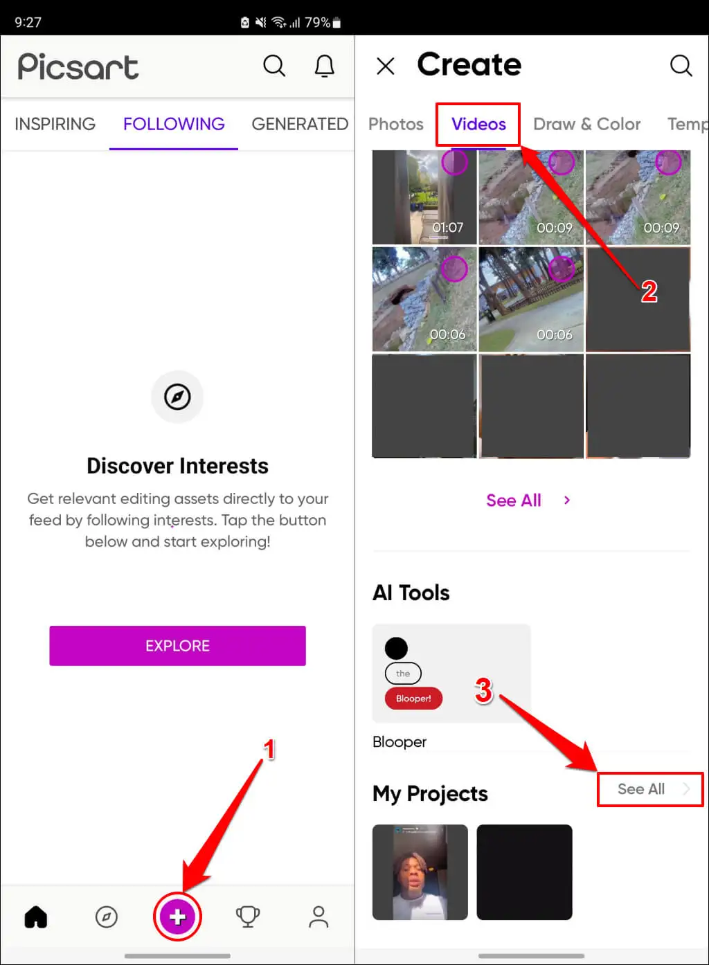 Navigate to your saved projects or gallery within the Picsart App