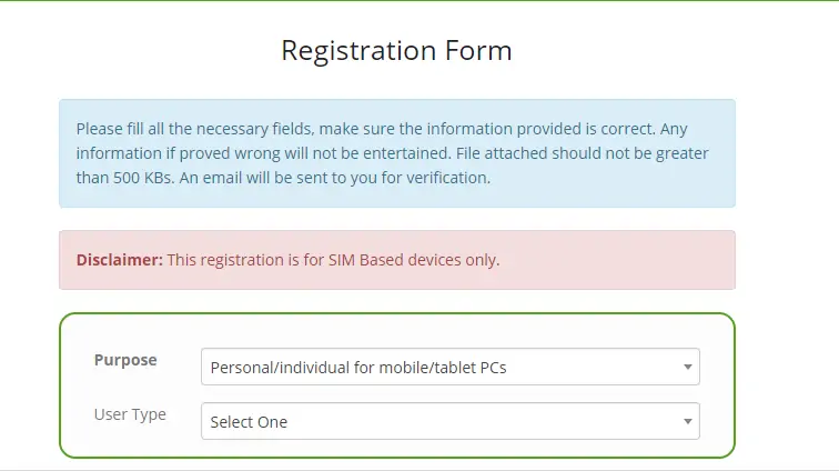 DIRBS website registration form