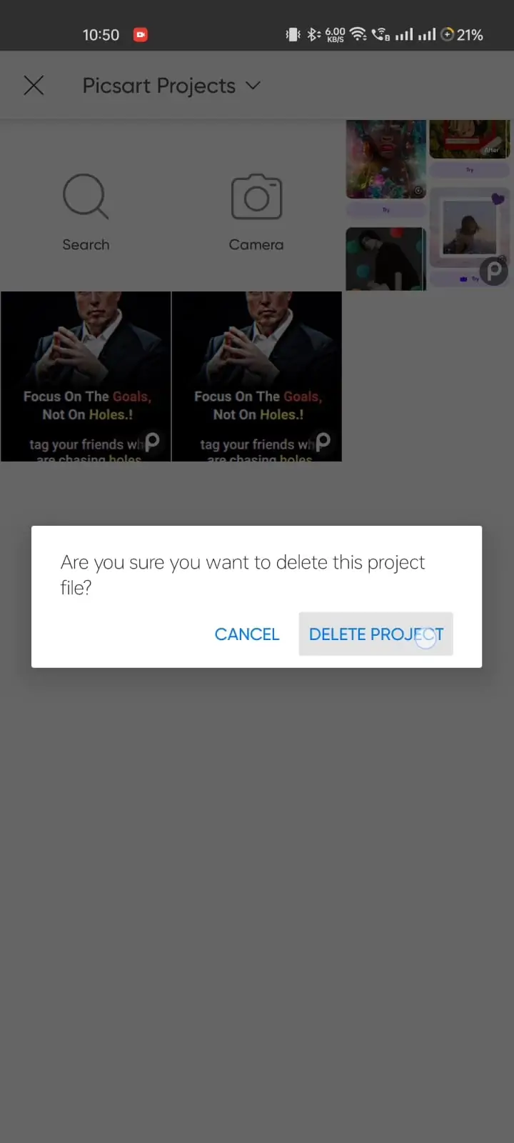 click to delete picsart project