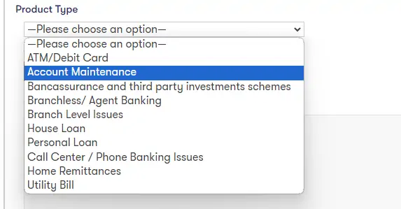 Account maintenance in the menu of Product Type easypaisa contact form