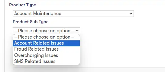Account related issue in the menu of product sub type easypaisa contact form