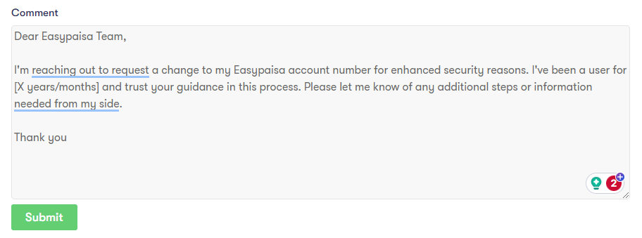 Easypaisa contact form message for changing account numbers