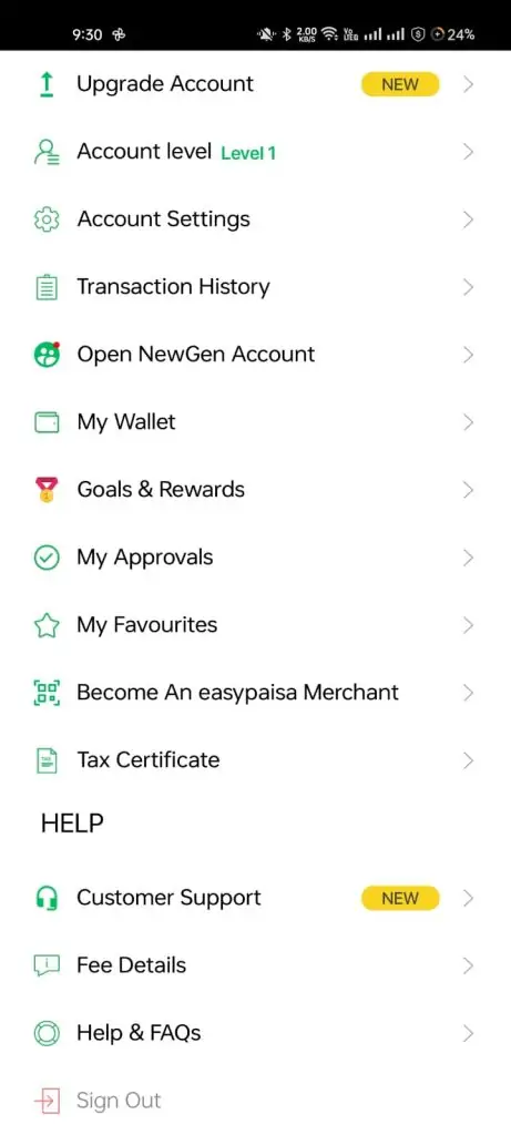 Easypaisa App Menu