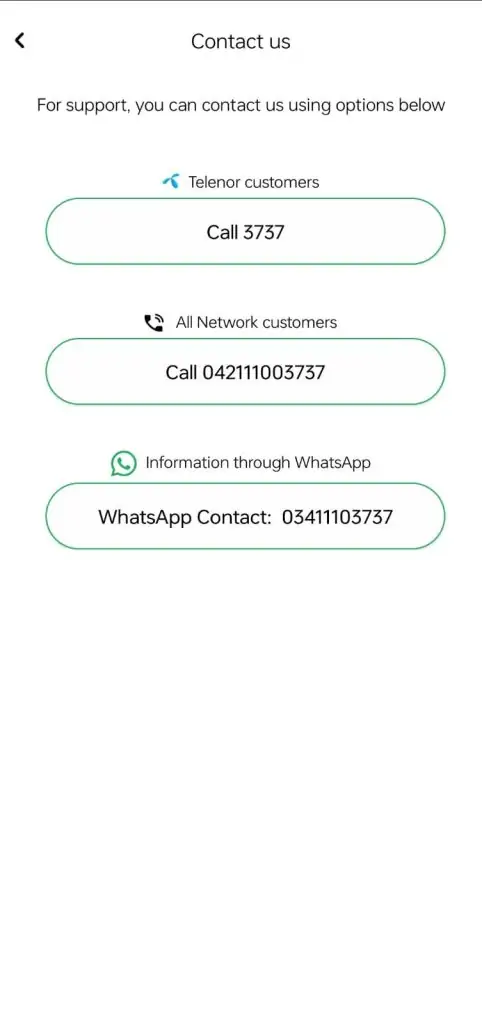 Contact Method from easypaisa app menu