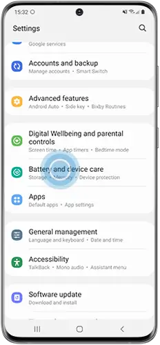 Samsung Setting and Device Care