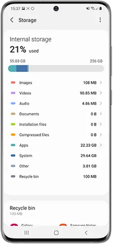 data stored on your device will be shown separated into different categories