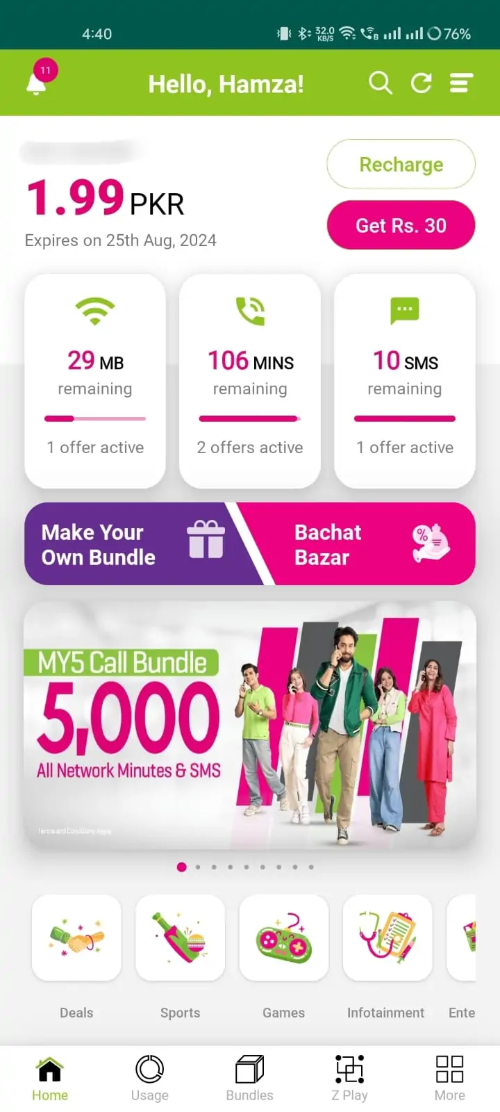 Check Zong balance from My Zong App