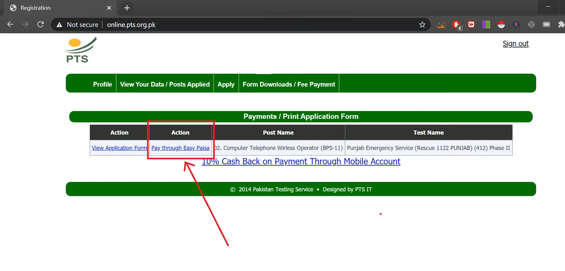 how to pay pts fee through easypaisa