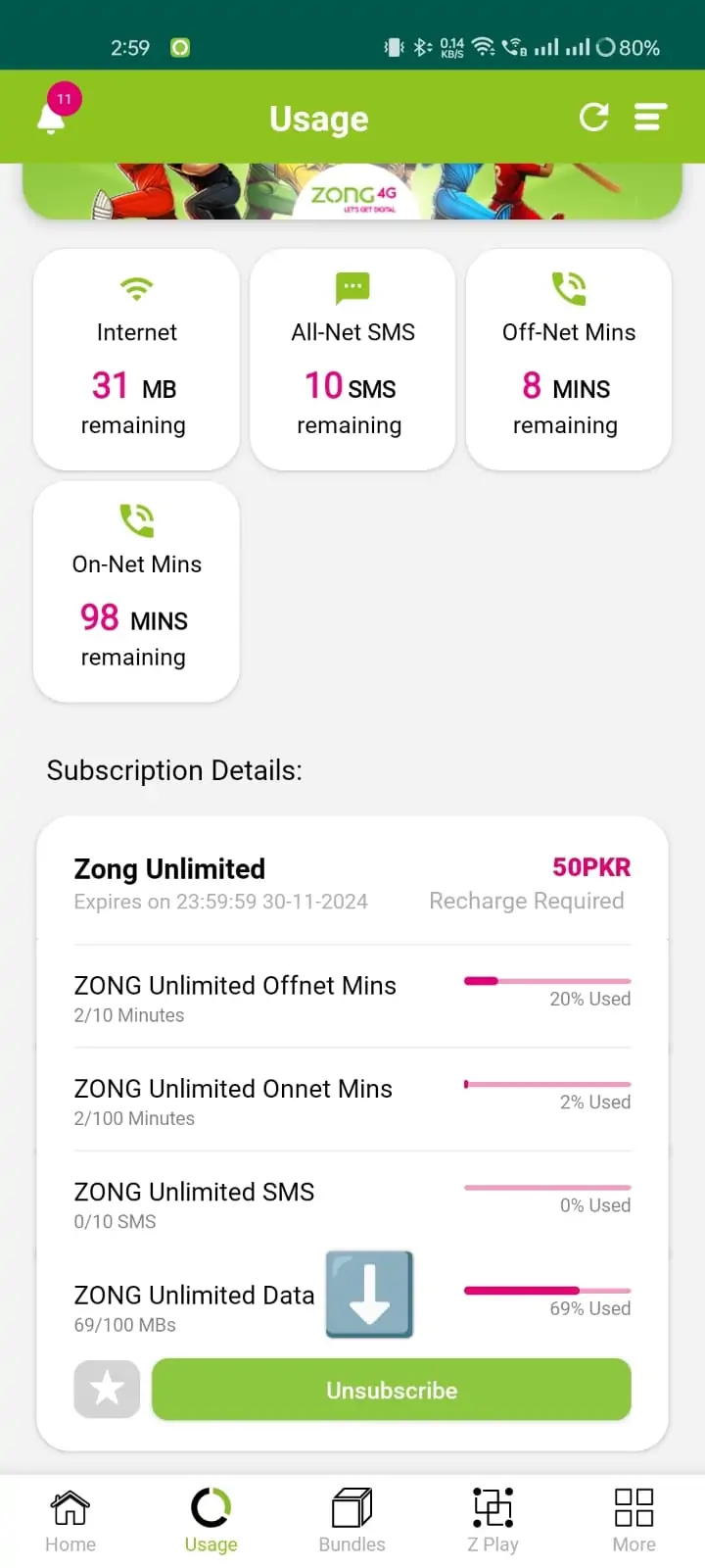 Unsub Zong Monthly WhatsApp from My Zong App