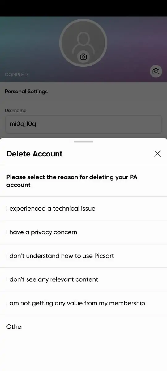 Reason to delete picsart account