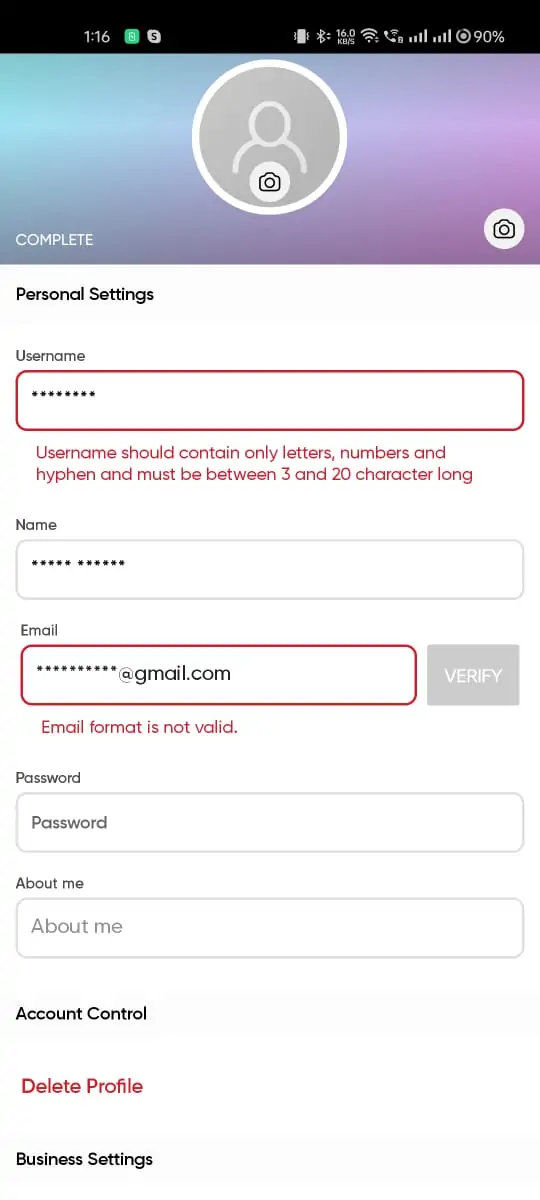 Profile setting in Picsart