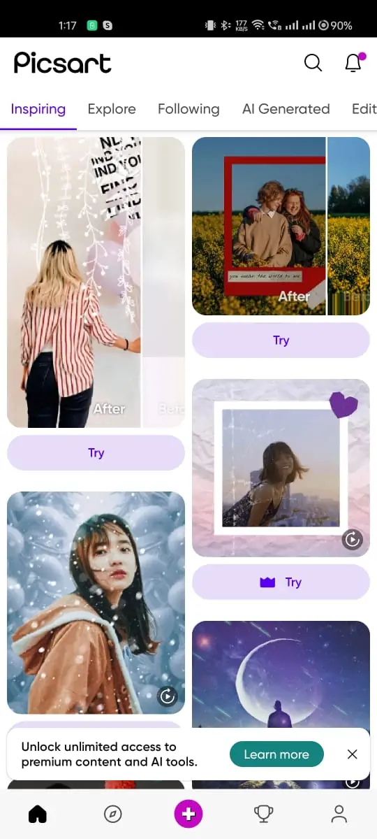 homescreen of picsart app