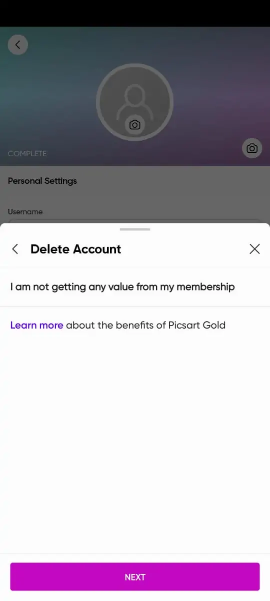 Picsart account deleting process