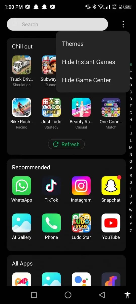 app drawer hidden apps option in android