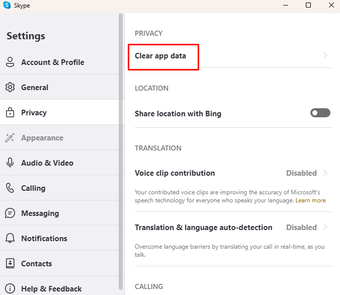 clear app data in skype