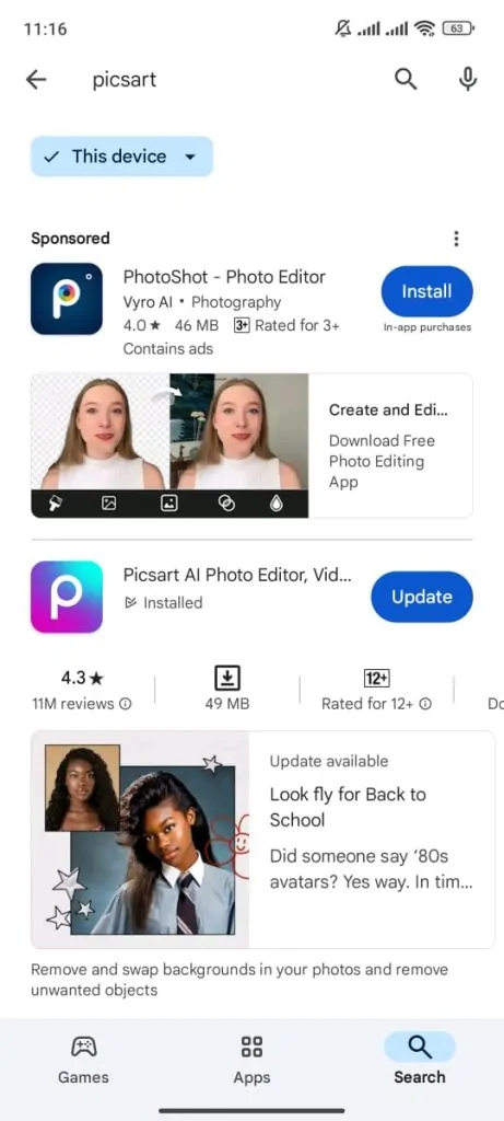 Search for PicsArt in the Google Play Store