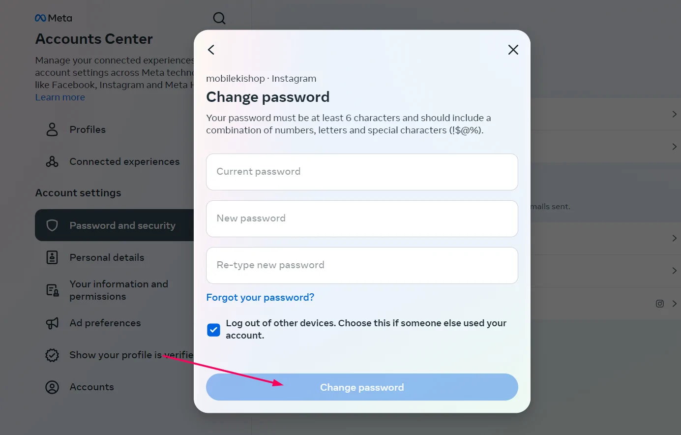 click Change password