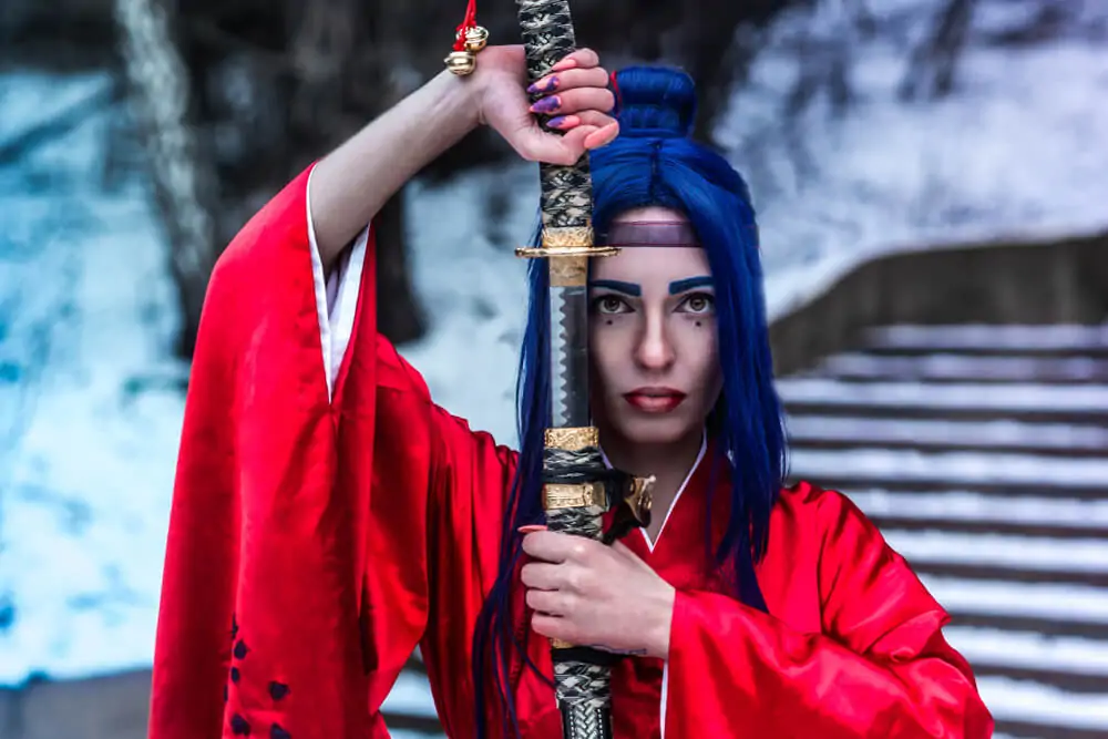 Cosplay geisha in red kimono in anime style