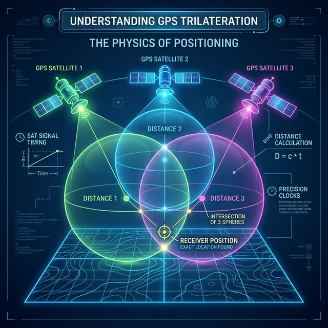 Digital infographic illustrating GPS trilateration mechanics securely