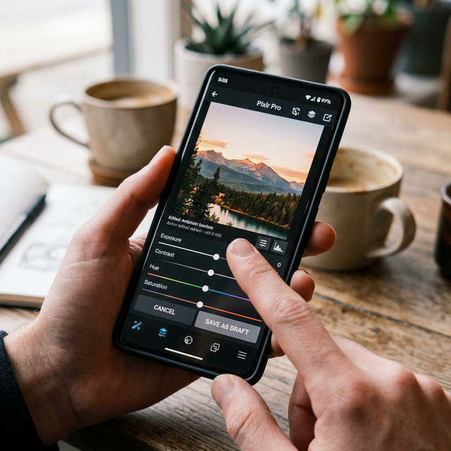 Saving a draft in the Picsart photo editor app interface