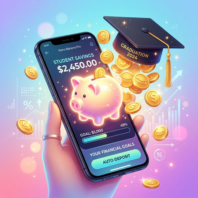 A conceptual illustration of automated micro-savings and a digital piggy bank helping a college student