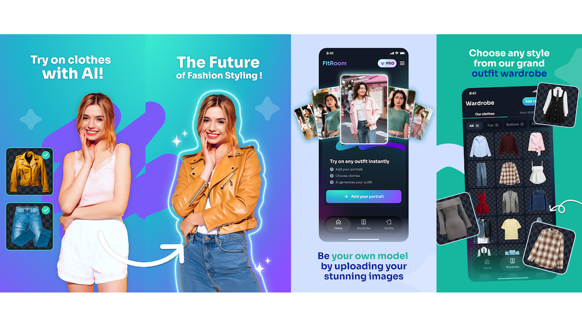 FitRoom virtual try on clothes app screenshots showing AI outfit rendering