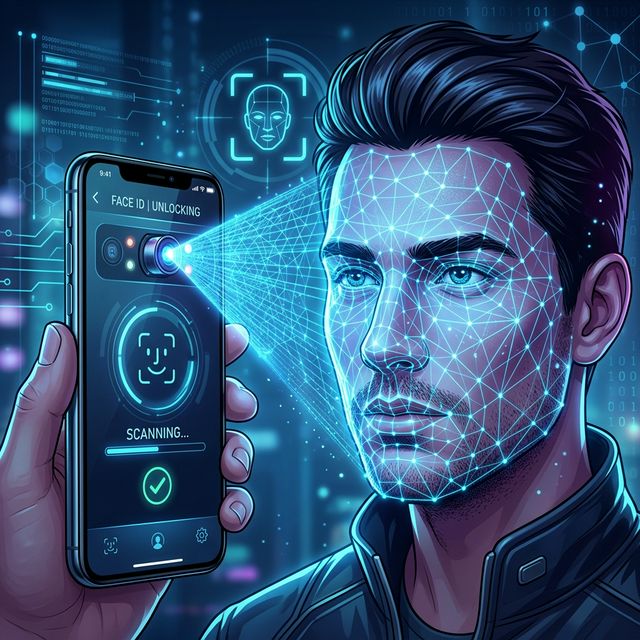 Facial recognition technology projecting laser depth meshes