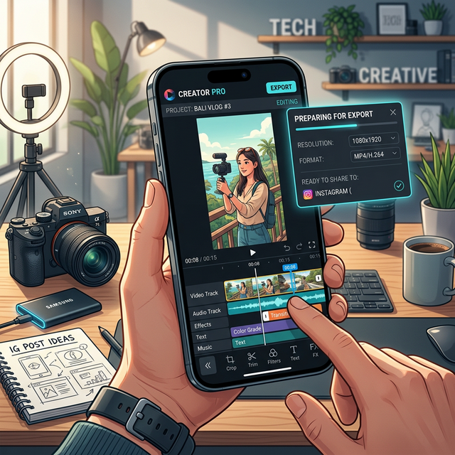 A modern smartphone running an external video editor timeline, perfectly framing a vertical 1080x1920 video