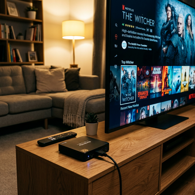 A sleek 4K Android smart TV box powered by a Rockchip processor sitting next to a glowing television screen
