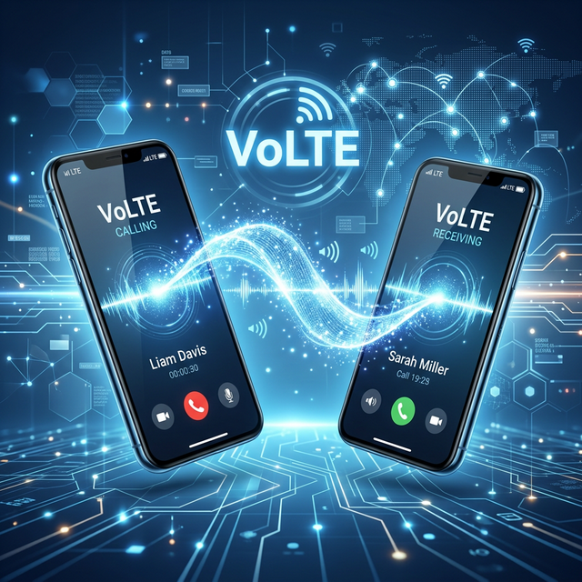 Two smartphones connected by a glowing digital audio wave illustrating crystal clear VoLTE technology
