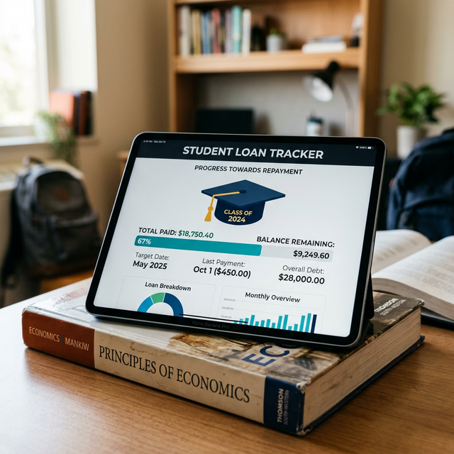 A tablet displaying a student loan tracking and debt management dashboard