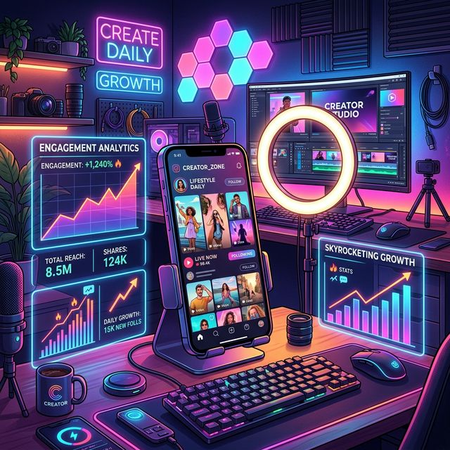 Vibrant overview of a modern content creator managing high engagement social charts