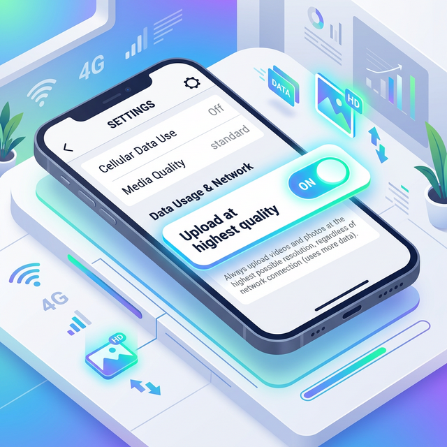 A visual of the Instagram settings menu showing the 'Upload at highest quality' toggle turned on