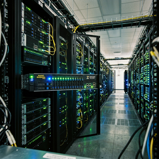 A wide-angle shot of an enterprise data center aisle highlighting a 2U rackmount server powered by Zhaoxin silicon
