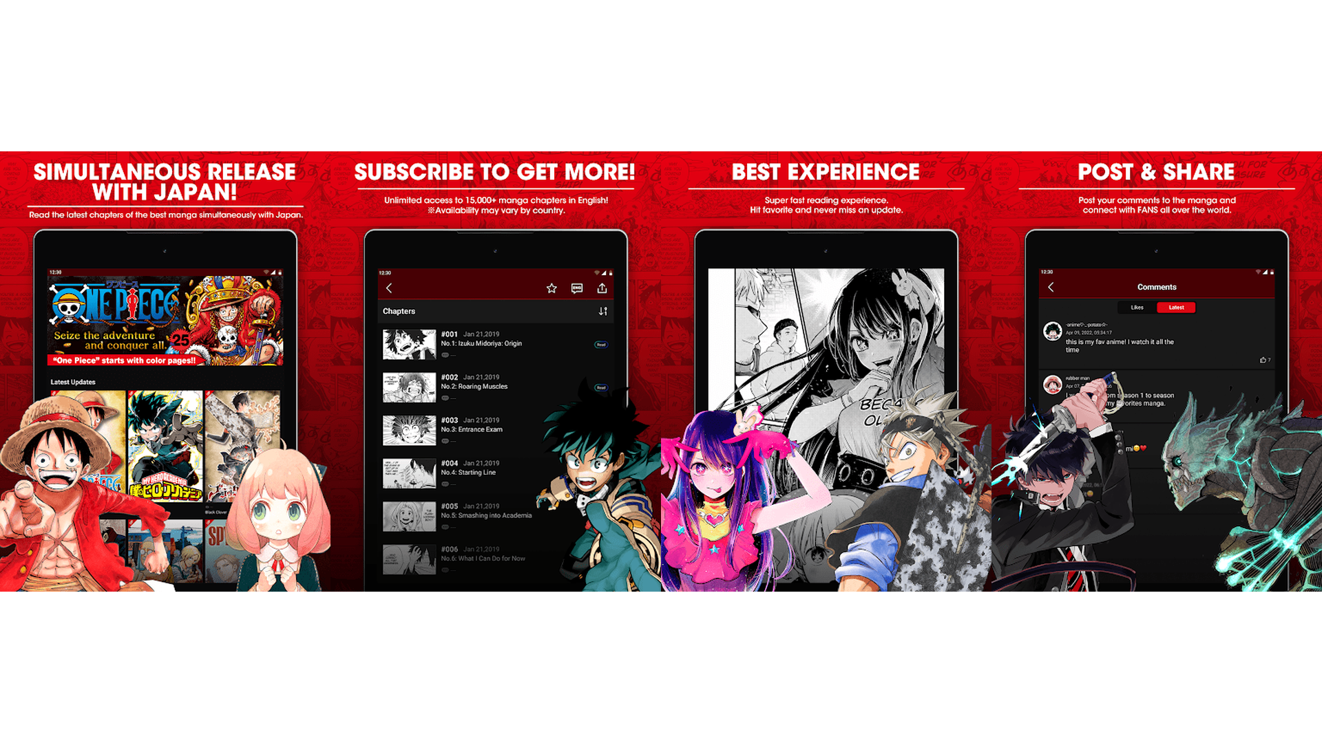 MANGA Plus by SHUEISHA app screenshots showing manga chapters