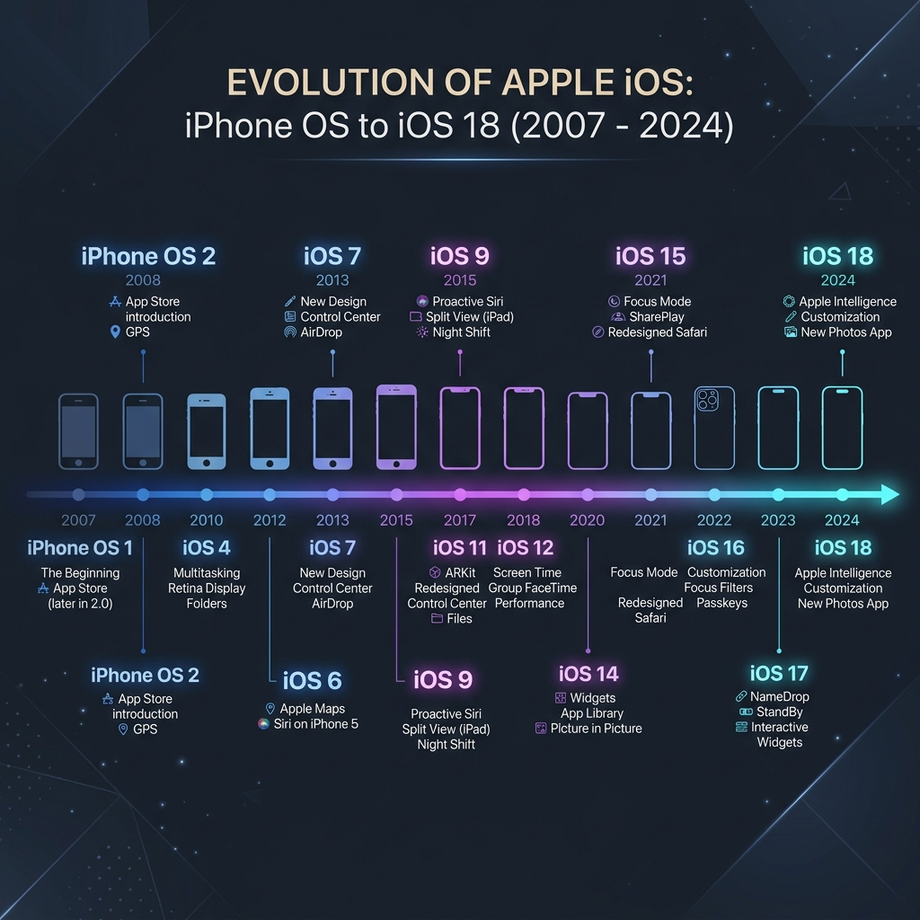Evolution timeline of iOS from original iPhone OS to modern versions