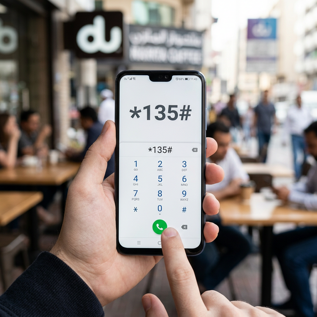 A user holding a smartphone dialing the *135# USSD code to manage DU telecom services offline