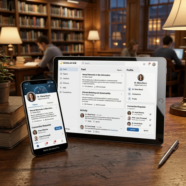 A tablet and smartphone displaying an academic networking application featuring research papers and citations
