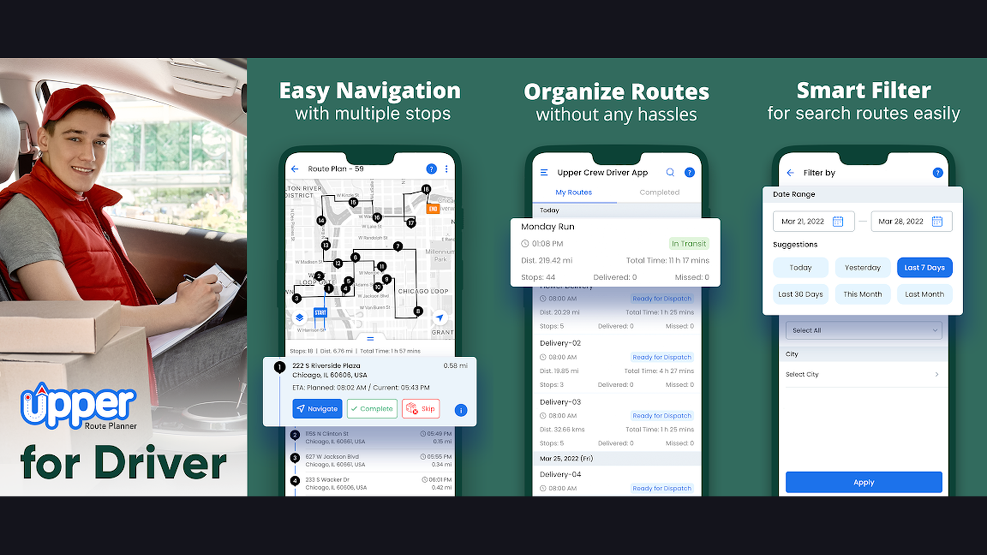Upper Route Planner delivery driver GPS app screenshots