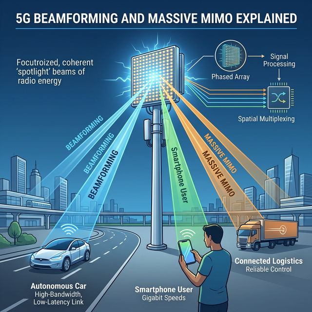 A 5G cellular tower using Massive MIMO beamforming to send targeted beams of data directly to individual cars and phones