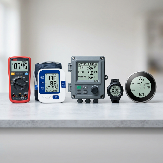 Various electronic devices using monochrome LCD displays including multimeters, medical monitors, and industrial controls