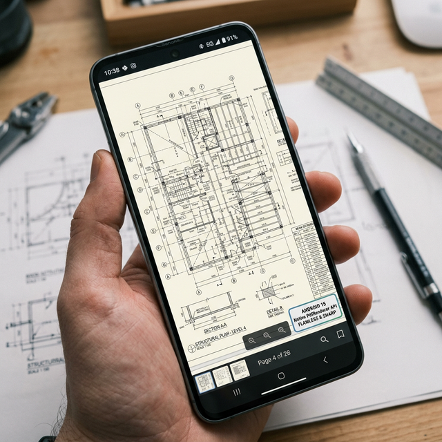 A smartphone running Android 15 flawlessly rendering a massive engineering PDF blueprint natively