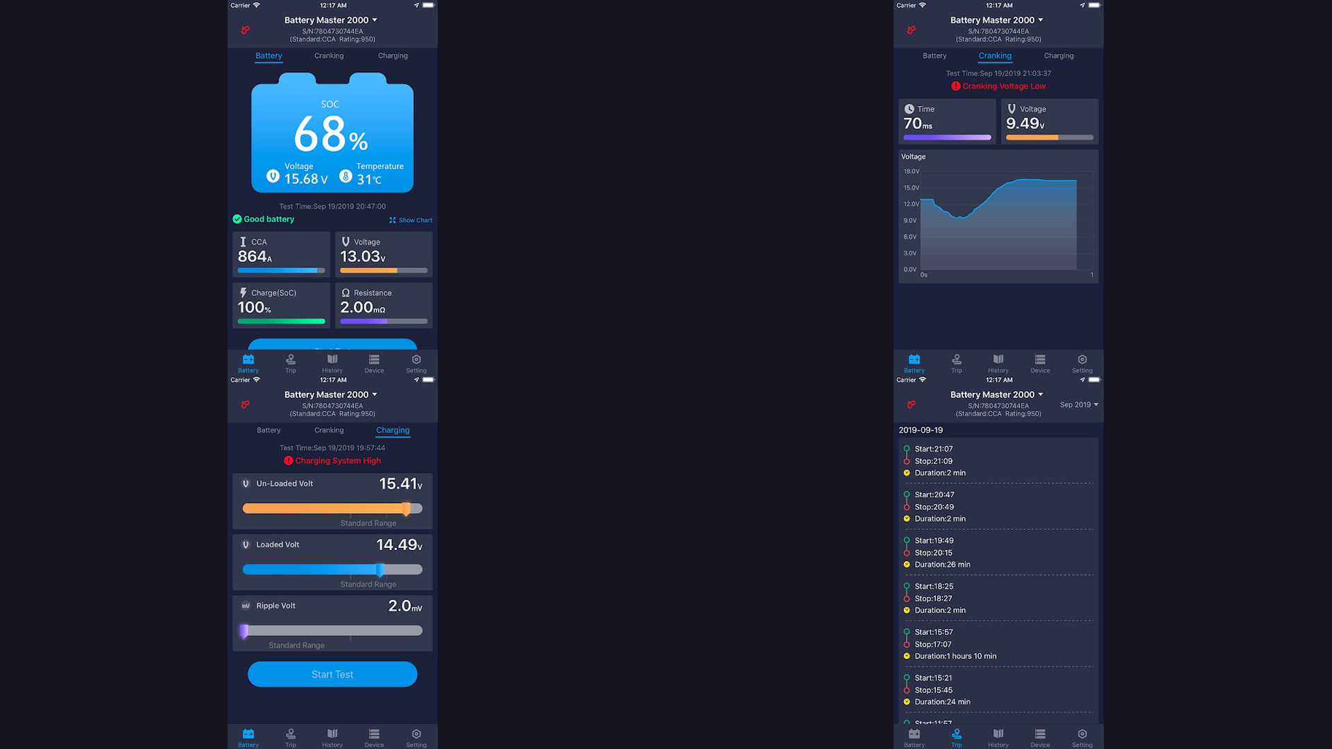 Battery Master interface showing battery stats