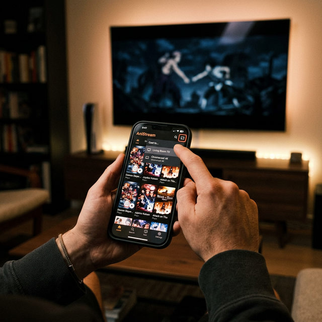 Person casting Crunchyroll from smartphone to a Vizio TV