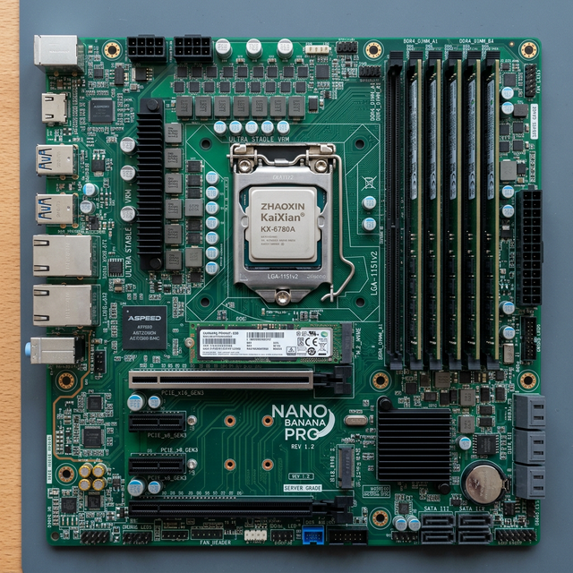 A hyper-realistic overhead photograph of a custom server motherboard integrating a Zhaoxin processor with DDR4 and PCIe lanes