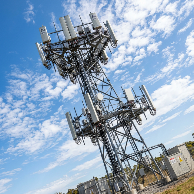 Modern 5G cell tower with antenna arrays against blue sky