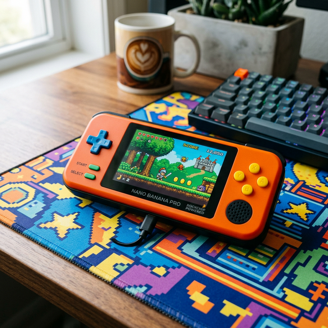 A brightly colored retro handheld gaming console lying on a mousepad, famously powered by a Rockchip SoC