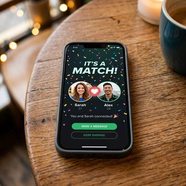 Smartphone showing dating app match notification with celebration