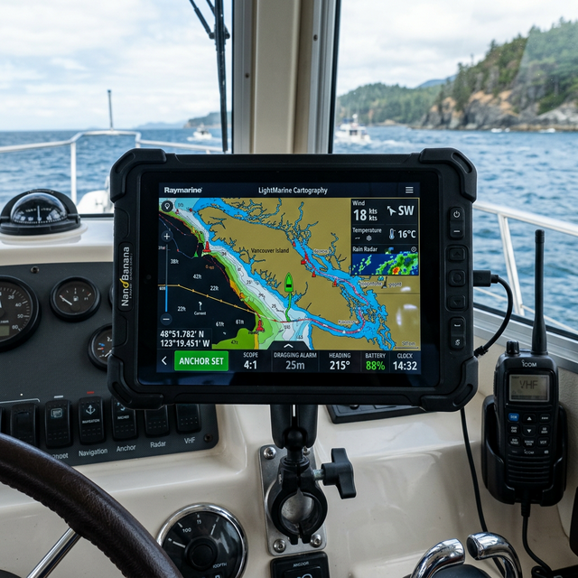 A rugged waterproof tablet mounted in a boat cockpit displaying complex nautical charts and anchor monitoring