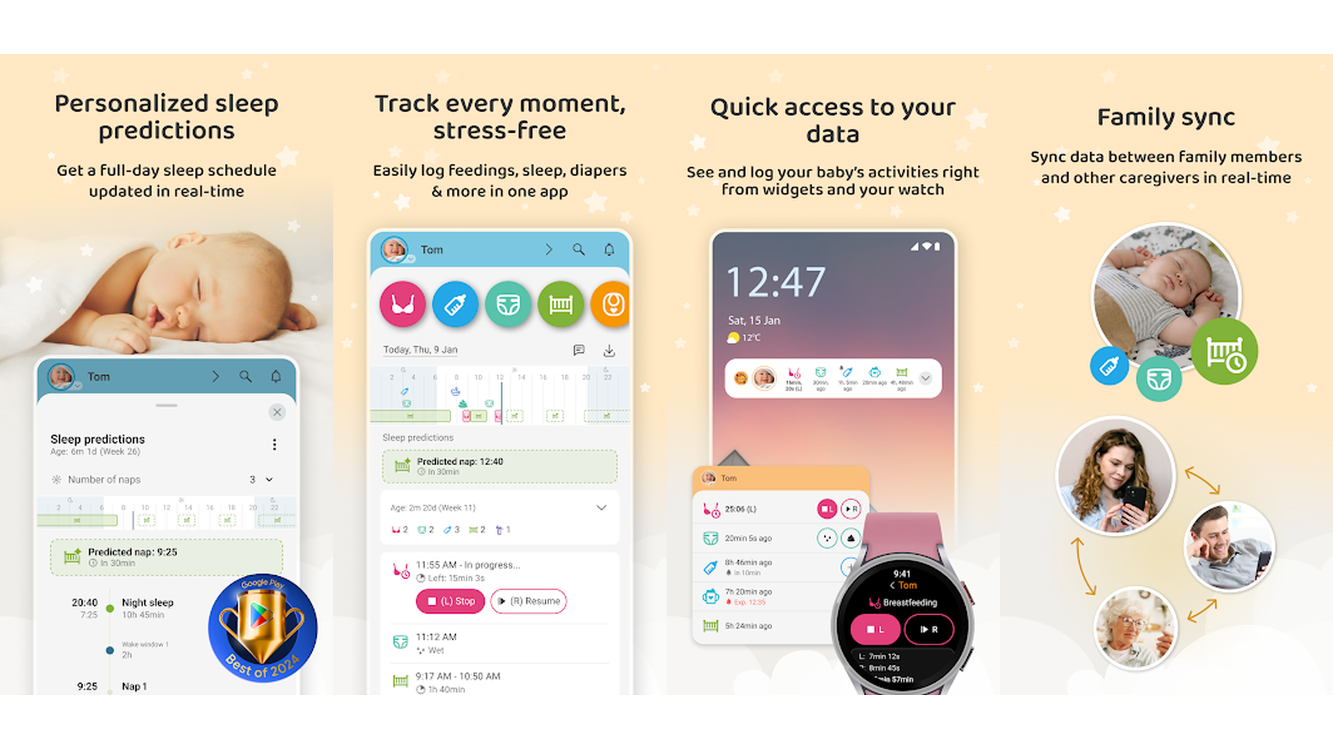 Baby Daybook app screenshots showing sleep tracking and daily timeline